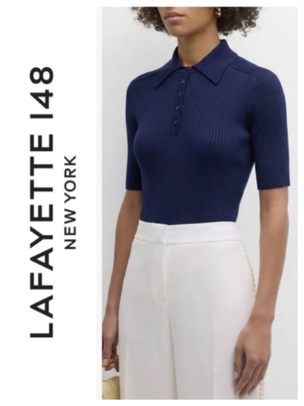 Lafayette 148 Ribbed Elbow-Sleeve Polo (M)